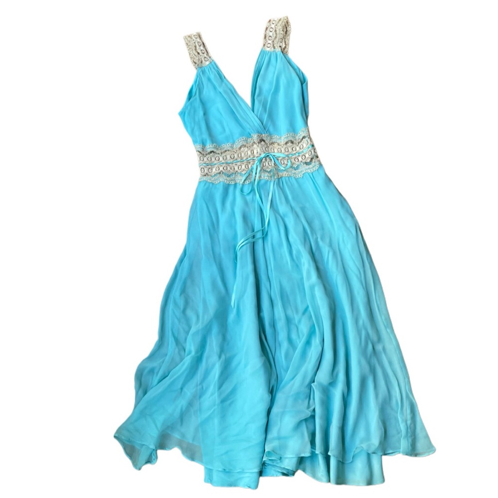 Miguelina Turquoise Dress with Cream Lace Accents